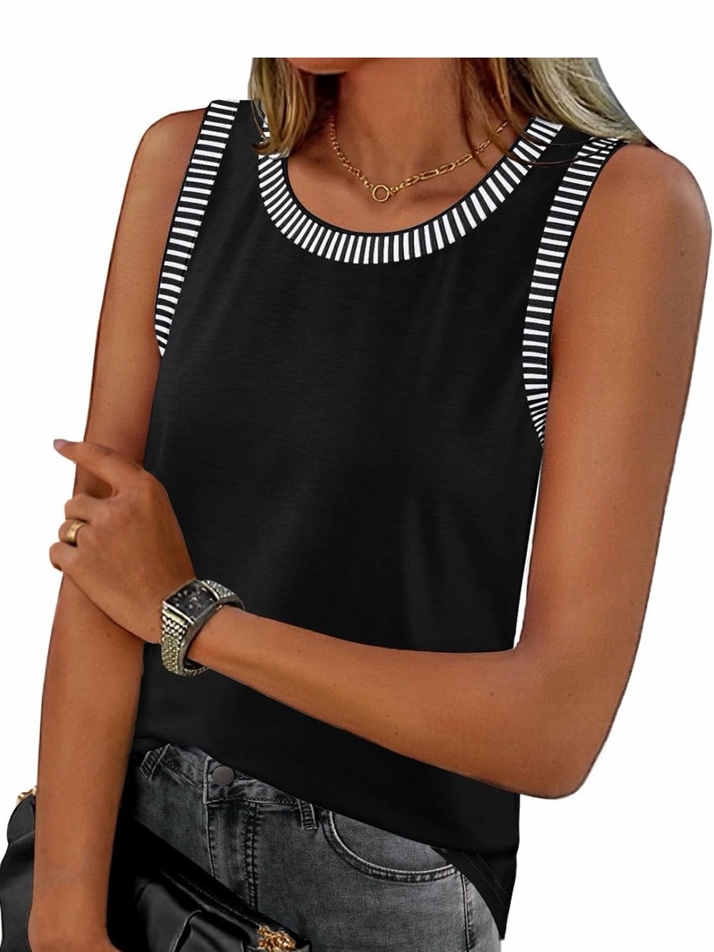 Women's Black Sleeveless Tank with Striped Trim